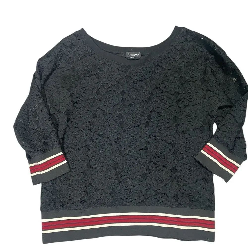 Bebe Black Lace Sweater with Striped Accents